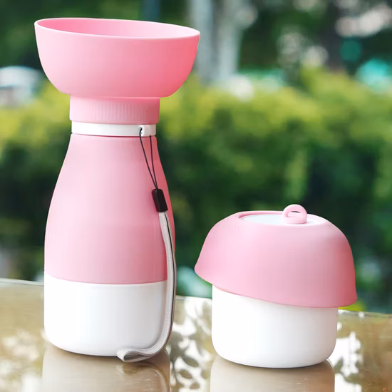  Novo design!  Garrafa de água portátil para viagem de cachorro de estimação, com recipiente para comida